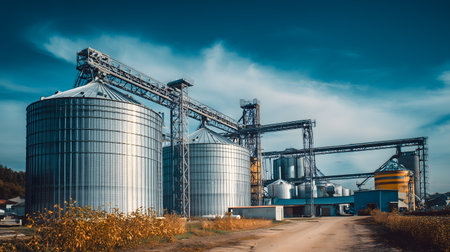 Large grain storage facility with modern metal silos and warehouses used for storing wheat, corn, and other cereals in agriculture and food industryの素材