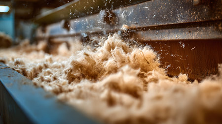 Industrial cotton processing machine separating raw cotton fibers inside a textile factory, showing the production process of cotton for the textile industryの素材