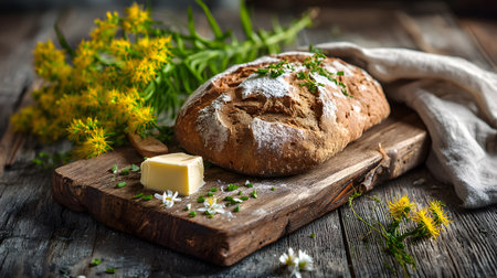 Rustic loaf of bread with a slice of butter topped with thyme, styled on a wooden cutting board next to fresh yellow flowers in cozy farmhouse settingの素材