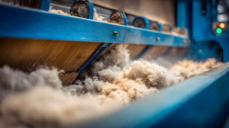 Industrial cotton processing machine separating raw cotton fibers inside a textile factory, showing the production process of cotton for the textile industryの素材