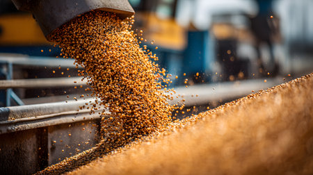Close-up of sorghum grains unloading from combine harvester into a trailer during harvest, showing detailed view of cereal crop in agricultural industryの素材
