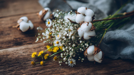 Rustic flat lay composition of a bouquet with fluffy cotton bolls, chamomile flowers and yellow wildflowers placed on a wooden table with soft fabric in natural lightの素材