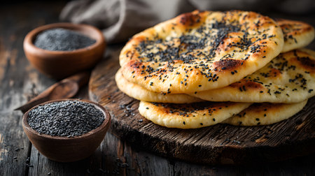 Freshly baked naan bread sprinkled with nigella seeds, stacked on a rustic wooden board, perfect for traditional cooking, bakery, and healthy lifestyle concepts.の素材