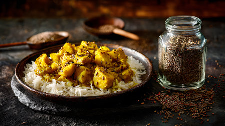 Close-up of Indian potato curry served with rice, garnished with nigella seeds, with a spice jar of cumin seeds on a rustic dark backgroundの素材