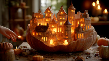 A large pumpkin carved as a detailed miniature village with glowing houses inside, creating a warm and magical Halloween atmosphere.の素材