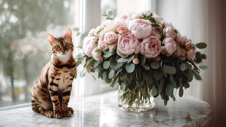 A luxurious wedding bouquet of pink peonies with green leaves is placed on a marble table by a bright window, next to a beautiful Bengal cat with striking markings and green eyes. The soft light creates a romantic and elegant atmosphere.の素材