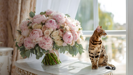 A luxurious wedding bouquet of pink peonies with green leaves is placed on a marble table by a bright window, next to a beautiful Bengal cat with striking markings and green eyes. The soft light creates a romantic and elegant atmosphere.の素材