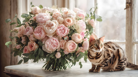 A luxurious wedding bouquet of pink peonies with green leaves is placed on a marble table by a bright window, next to a beautiful Bengal cat with striking markings and green eyes. The soft light creates a romantic and elegant atmosphere.の素材
