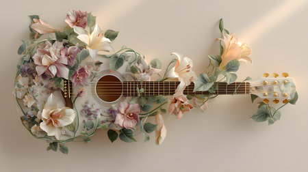 A creative acoustic guitar beautifully decorated with pastel roses and lilies, surrounded by delicate leaves, placed on a beige background in soft natural light.の素材