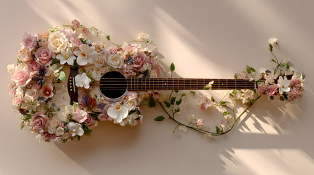 A creative acoustic guitar beautifully decorated with pastel roses and lilies, surrounded by delicate leaves, placed on a beige background in soft natural light.の素材