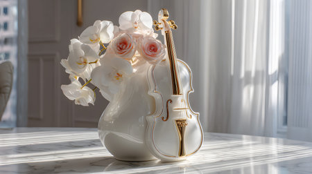 A glossy white ceramic vase shaped like a violin, decorated with delicate pastel roses and white orchids, placed on a marble table as an elegant artistic centerpiece.の素材