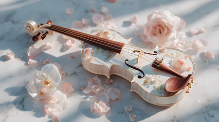 An elegant violin decorated with pale pink roses and orchids, placed on a marble surface with scattered petals, combining musical artistry with floral elegance.の素材
