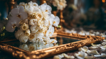 An extravagant wedding bouquet composed of white orchids, ivory roses, and lush peonies, arranged against an opulent golden background with scattered petals.の素材