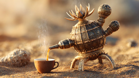 A golden ornate espresso machine designed with intricate patterns stands on desert sand, pouring hot coffee into a small cup, blending surreal fantasy and luxurious craftsmanship.の素材