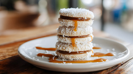 Traditional South American Alfajores cookies filled with dulce de leche and rolled in shredded coconut, stacked on a white plate with caramel drizzle. A beloved Argentine dessert and Latin American sweet treatの素材