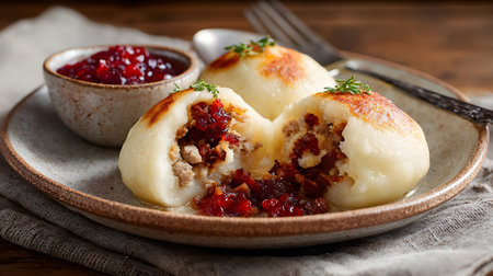 Traditional Swedish potato dumplings Kroppkakor filled with meat, served with lingonberry sauce on a rustic ceramic plate. A classic Scandinavian comfort food and cultural dishの素材