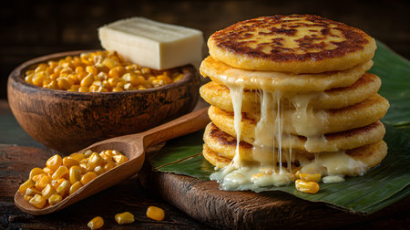 Traditional Colombian and Venezuelan Arepas de Choclo made with fresh corn, stacked and filled with melted cheese, served on a rustic wooden board with corn kernels. A beloved Latin American breakfast and street foodの素材