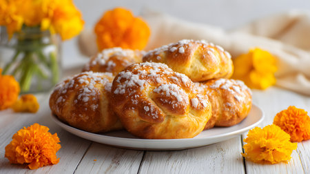 Traditional Mexican Pan de Muerto bread on a white plate, surrounded by vibrant marigold flowers, symbolizing DÃ­a de los Muertos celebration. The golden crust is decorated with sugar in the shape of symbolic bonesの素材