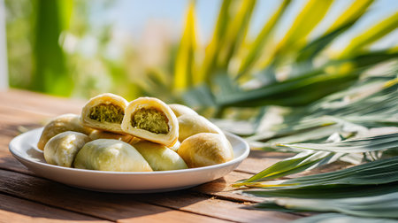 A plate of authentic Indonesian Bakpia Pathok pastries, small baked buns filled with sweet mung bean paste, a beloved traditional treat from Yogyakarta. These bite-sized delicacies are a cultural symbol of Indonesian sweets and are enjoyed as snacks or festive dessertsの素材