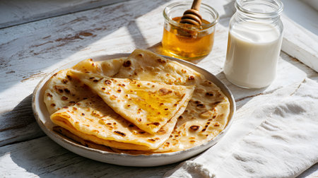 Authentic Ethiopian Fatira flatbread served with honey and a glass of milk. A traditional national dish of Ethiopia, often enjoyed for breakfast as a sweet pastry that reflects the country's rich culinary heritageの素材