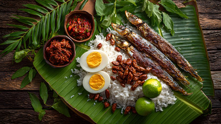 Traditional Malaysian nasi lemak served on a banana leaf with coconut rice, fried fish, sambal chili paste, boiled egg, peanuts, anchovies, and fresh greens, presented in a rustic styleの素材