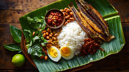 Traditional Malaysian nasi lemak served on a banana leaf with coconut rice, fried fish, sambal chili paste, boiled egg, peanuts, anchovies, and fresh greens, presented in a rustic styleの素材