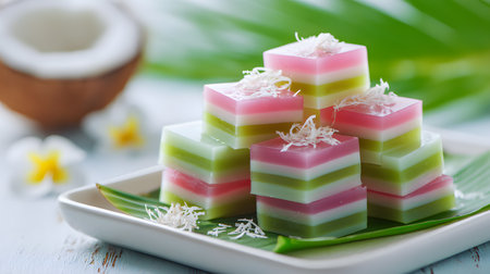 Traditional Thai Khanom Chan â a colorful layered jelly dessert made with rice flour, coconut milk, and sugar. A popular national sweet from Thailand, symbolizing prosperity and happinessの素材