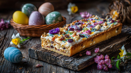 Traditional Polish Mazurek â a festive Easter tart made from shortcrust pastry, topped with sweet glaze, nuts, dried fruits, and colorful decorations. An iconic holiday dessert in Poland, Mazurek is a beloved treat that celebrates Easter traditions and Polish culinary heritageの素材