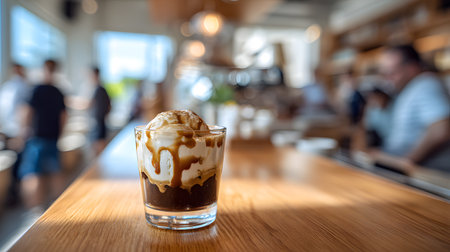 Affogato in a clear glass with melting vanilla ice cream and espresso, placed on a wooden cafe counter with blurred people in the backgroundの素材