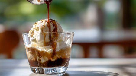 Hot espresso being poured over a scoop of vanilla ice cream served in a transparent glass cup, creating the classic Italian dessert affogato.の素材