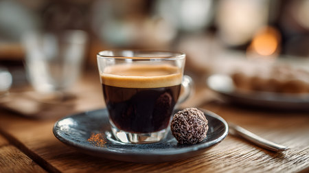 A low glass of Black Russian coffee served on a saucer with a chocolate truffle beside it.の素材