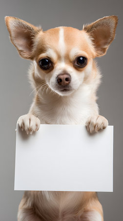 Chihuahua standing upright and holding a blank white sign against a gray background. The tiny dog looks forward with big expressive eyes, making this image ideal for posters, banners, advertisements, and creative designs with copy space.の素材