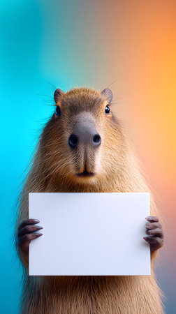Capybara standing upright and holding a blank white sign against a colorful background. The friendly and curious animal looks directly forward, making this image perfect for posters, banners, advertisements, and creative designs with copy space.の素材