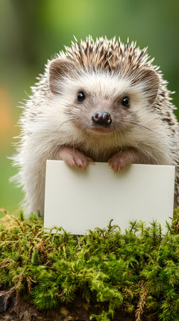 Cute hedgehog sitting on green moss in a natural environment and holding a blank white card. The animal looks directly into the camera, creating an adorable and charming wildlife scene. Ideal for nature concepts, children's illustrations, educational materials, or creative advertising.の素材