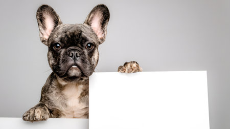 Adorable French Bulldog puppy standing upright and holding a blank white sign with its paws. Studio shot on a clean white background, perfect for advertising, mockups, banners, or pet-related promotions.の素材