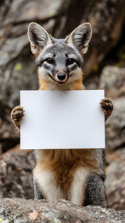 Adorable gray fox standing among rocks and holding a blank white sign with its paws. The wild animal looks directly at the camera with a playful expression, making it a perfect template for advertising, mockups, banners, or creative wildlife concepts.の素材