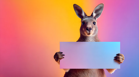 Funny kangaroo holding a large blank sign against a colorful gradient background. The vibrant image highlights the animal's charming look and provides space for text or design, ideal for creative advertising, educational projects, or playful marketing concepts.の素材