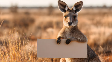A kangaroo sitting in a desert landscape, holding a large blank poster with both hands, surrounded by dry grass and sand dunes in the background.の素材