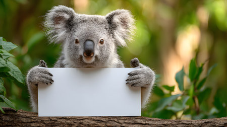 A koala sitting on a eucalyptus tree and holding a large blank white sign, surrounded by natural forest scenery.の素材