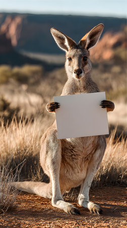 A kangaroo sitting in a desert landscape, holding a large blank poster with both hands, surrounded by dry grass and sand dunes in the background.の素材