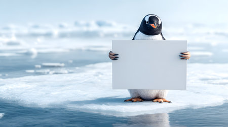 A fluffy penguin chick is sitting on an ice floe and holding a blank sign with the frozen ocean in the background. Perfect for creative advertising, posters, and design mockups.の素材