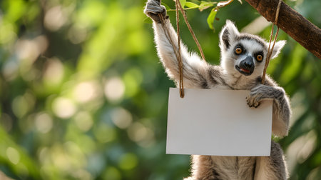 A playful ring tailed lemur is hanging from a tree branch with one arm while holding a blank white sign with the other. The scene is set in a lush forest, making this image ideal for use as a mockup, wildlife template, or creative advertising design.の素材