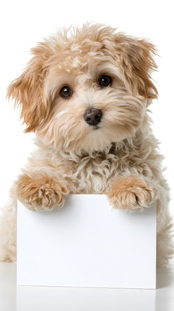 A fluffy beige puppy with curly fur is holding a blank sign against a clean white background. Excellent as a mockup, template, or design resource.の素材