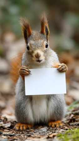 A curious squirrel with a fluffy tail standing on the autumn forest ground, holding a blank sign with both paws. Perfect for mockups, wildlife-themed projects, or creative advertising.の素材
