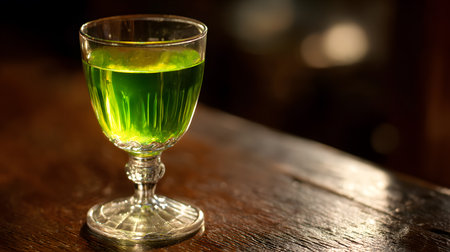 A stemmed glass filled with bright green absinthe served simply with cold water, placed on a rustic wooden surface against a dark background.の素材