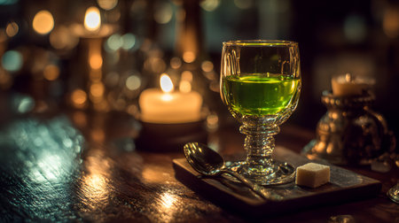 A stemmed glass filled with bright green absinthe served simply with cold water, placed on a rustic wooden surface against a dark background.の素材