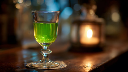 A stemmed glass filled with bright green absinthe served simply with cold water, placed on a rustic wooden surface against a dark background.の素材