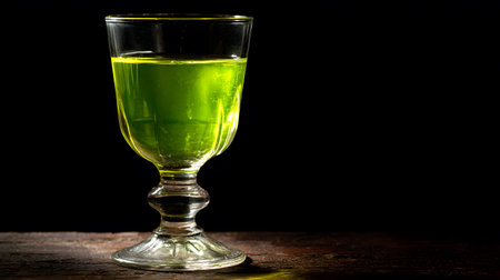 A stemmed glass filled with bright green absinthe served simply with cold water, placed on a rustic wooden surface against a dark background.の素材