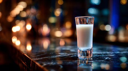A tall ornate glass filled with ouzo, its color turning milky as it mixes with water, standing on a reflective bar counter with golden light.の素材