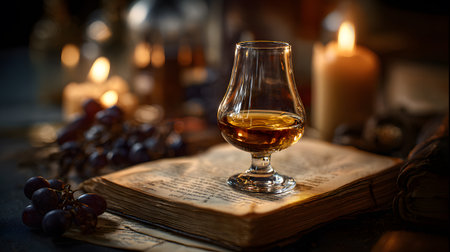 A tulip glass of golden grappa placed on an old book surrounded by candlelight and grapes, evoking a rustic Italian atmosphere.の素材
